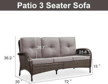 Belord Outdoor Patio Furniture - Wicker Sofa with Removable Cushion, 3 Seater Rattan Couch with Deep Seat, High Backrest, All-Weather for Balcony, Deck, Backyard, Brown/Grey