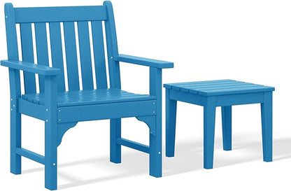 Costaelm Outdoor Patio Table and Chairs Set of 2, 2-Piece HDPE Garden Chair with Square Adirondack Side Table Set, Porch Chairs Coffee Table for Outside Porch Backyard, Pacific Blue