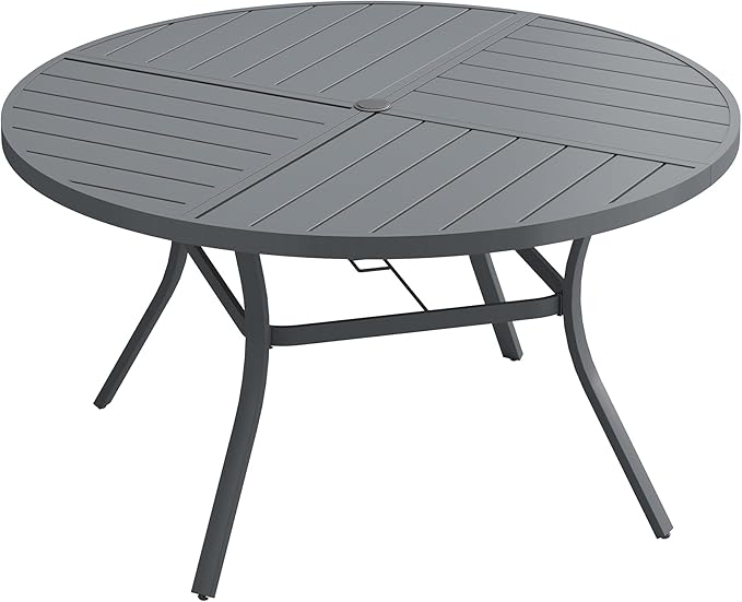 Patio Dining Table for 6-8, Round Metal Outdoor Table with Storage Shelf, 1.57" Umbrella Hole, 53" Outdoor Quartered Tabletop Dining Table for Backyard, Porch, Lawn, Dark Grey