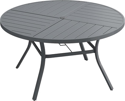 Patio Dining Table for 6-8, Round Metal Outdoor Table with Storage Shelf, 1.57" Umbrella Hole, 53" Outdoor Quartered Tabletop Dining Table for Backyard, Porch, Lawn, Dark Grey