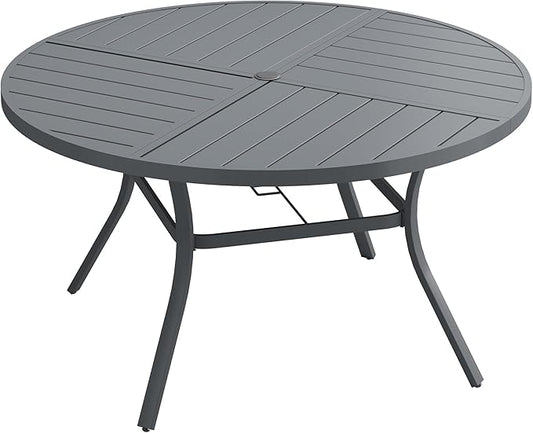 Patio Dining Table for 6-8, Round Metal Outdoor Table with Storage Shelf, 1.57" Umbrella Hole, 53" Outdoor Quartered Tabletop Dining Table for Backyard, Porch, Lawn, Dark Grey