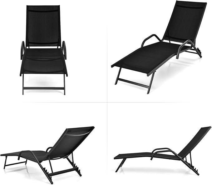 Giantex Lounge Chairs for Outside - Set of 2 Outdoor Chaise Lounge with 5 Adjustable Position, Steel Frame, Patio Loungers, Camping Reclining Chair for Garden, Poolside, Yard Sunbathing Chairs, Black