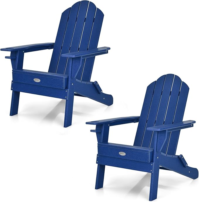Tangkula Outdoor Folding Adirondack Chair, HDPE Armchairs with Cup Holder, Weather Resistant Lounger Chair for Patio Garden Fire Pit Backyard, Lawn Porch Seating, Adirondack Lounger (2, Navy)