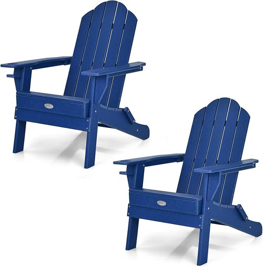 Tangkula Outdoor Folding Adirondack Chair, HDPE Armchairs with Cup Holder, Weather Resistant Lounger Chair for Patio Garden Fire Pit Backyard, Lawn Porch Seating, Adirondack Lounger (2, Navy)
