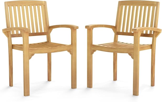 Tangkula Outdoor Patio Wood Dining Chair, Teak Wood Armchair with Slatted Seat & Curved Seat, Ergonomic Armrests, Solid Wooden Legs, for Balcony, Poolside, Porch, Yard (2)