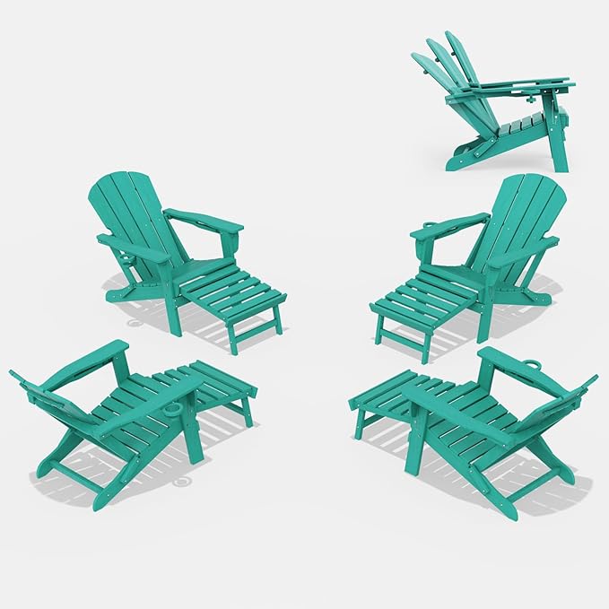 LOUNZY Folding Adjustable Adirondack Chair with Footrest Set of 4,HDPE Recliner Adirondack Chair with Cup Holder for Deck Lawn Fire Pit,Aruba