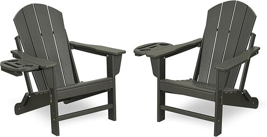 FOOWIN Folding Adirondack Chair Set of 2, HDPE Adirondack Chairs with Cup Holder, Weather Resistant Plastic Fire Pit Chairs for Outdoor, Patio, Lawn, Garden, Backyard, Deck, Grey