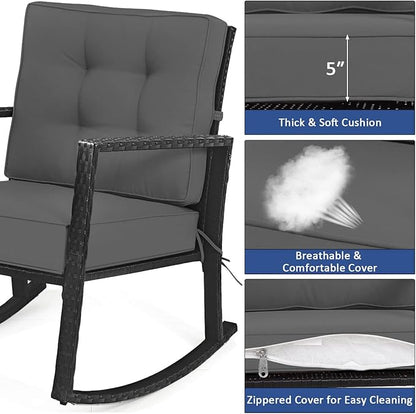 HAPPYGRILL Wicker Rocking Chair, Outdoor Patio Glider Chair with Heavy-Duty Frame, Thick Cushion, Rattan Rocking Chair for Backyard Garden Porch