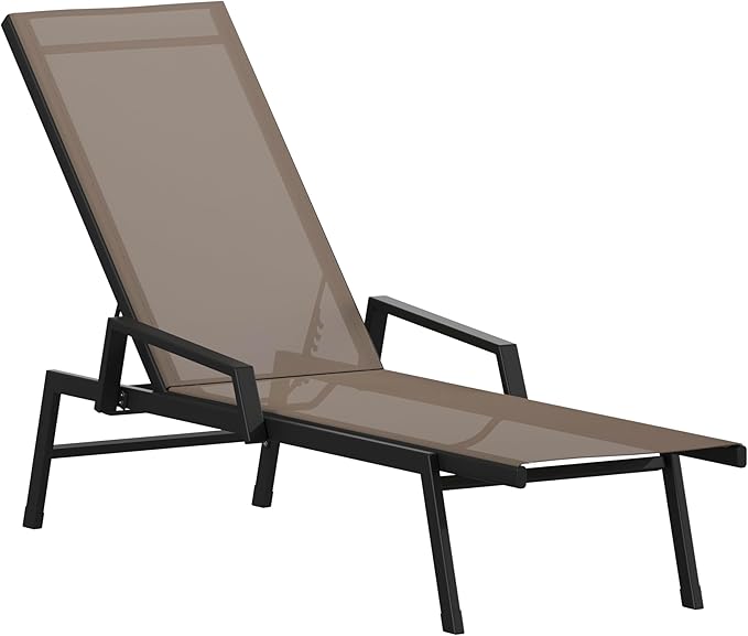 Flash Furniture Brazos Adjustable Chaise Lounge Chair with Arms, All-Weather Outdoor Five-Position Recliner, Black/Brown