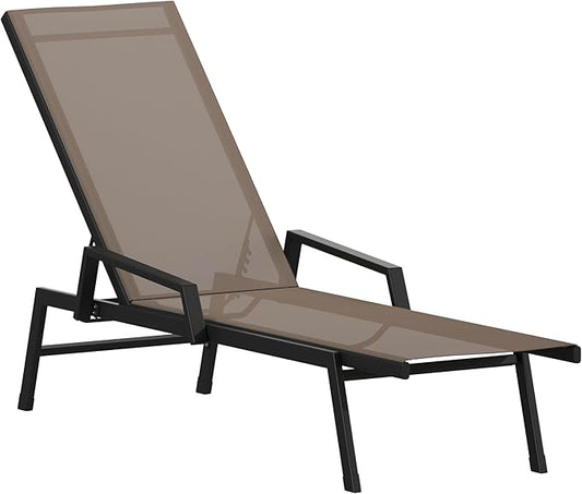 Flash Furniture Brazos Adjustable Chaise Lounge Chair with Arms, All-Weather Outdoor Five-Position Recliner, Black/Brown