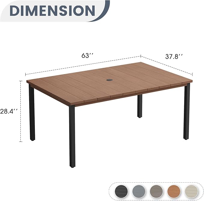 VICLLAX Outdoor Patio Dining Table for 6, 63" Rectangle Dining Table with Umbrella Hole for Porch, Backyard, Garden, Deck, Walnut