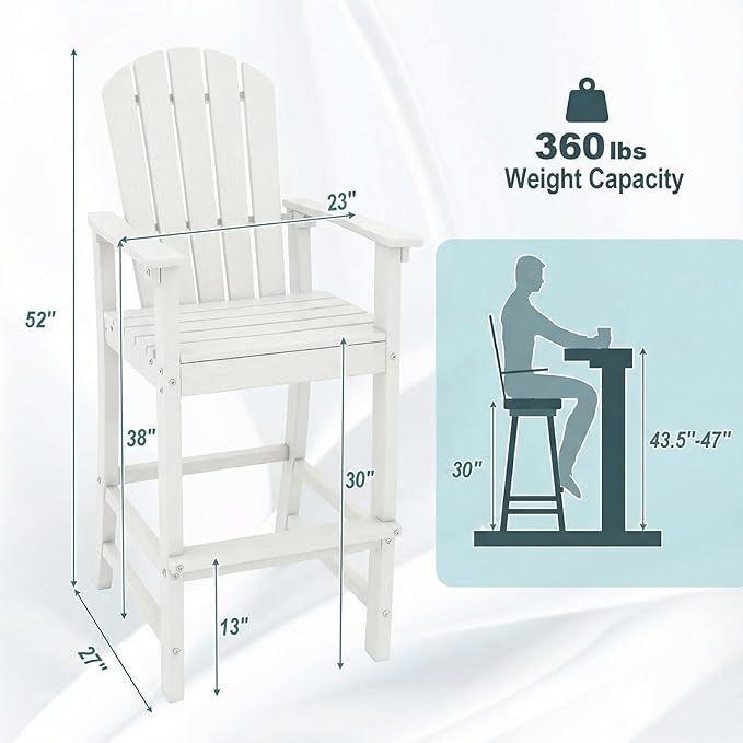 Giantex Set of 2 HDPE Outdoor Bar Stools, All Weather Tall Adirondack Chair with Armrest, Footrest, Load 360Lbs, Counter Height Bar Stool for Patio, Garden, Yard, Indoor Or Outdoor Use, White