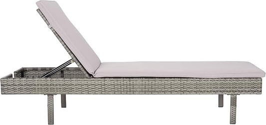 SAFAVIEH Outdoor Collection Cam Grey Wicker/Grey Cushion Adjustable Chaise Lounge Chair, Black/Beige (PAT7501B)