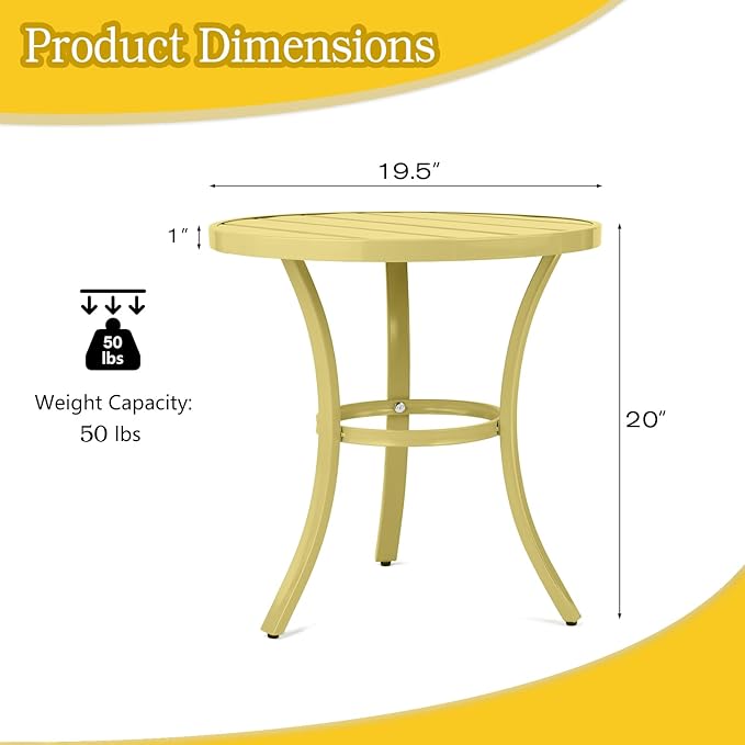 Small Side Table Round Outdoor Metal 19.5-Inch End Tables Portable Leisure Indoor Standing Accent Bistro Coffee Plant Table for Patio Balcony Yard Porch Garden, Easy Assembly (Light Yellow)