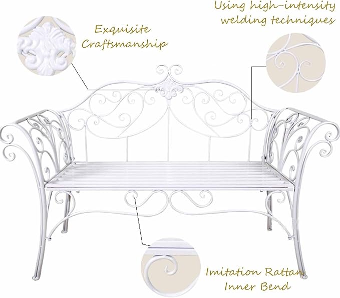 SYUFRE Outdoor Garden Bench Patio Furniture Chair Park Bench with Flower Pattern Backrest, Slatted Seat, Metal Bench Outdoor for Outdoor Porch, Lawn, Balcony, Backyard (Color : Off White)