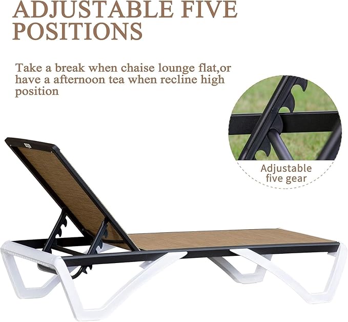 Domi Pool Lounge Chair Aluminum Adjustable Outdoor Chaise Lounge,All Weather Plastic Poolside Lounge Chair with Table for Deck Lawn Backyard, Brown Textilene