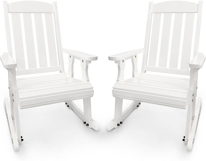 Fortune Candy Wooden Patio Rocking Chair with Comfortable Backrest Inclination, High Backrest and Deep Contoured Seat, Solid Fir Wood, Heavy Duty 600 LBS (Pure White, 2 Pieces)