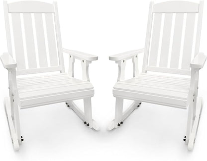 Fortune Candy Wooden Patio Rocking Chair with Comfortable Backrest Inclination, High Backrest and Deep Contoured Seat, Solid Fir Wood, Heavy Duty 600 LBS (Pure White, 2 Pieces)