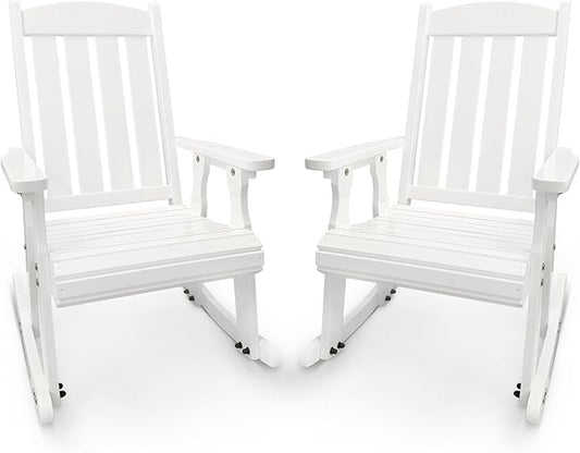 Fortune Candy Wooden Patio Rocking Chair with Comfortable Backrest Inclination, High Backrest and Deep Contoured Seat, Solid Fir Wood, Heavy Duty 600 LBS (Pure White, 2 Pieces)