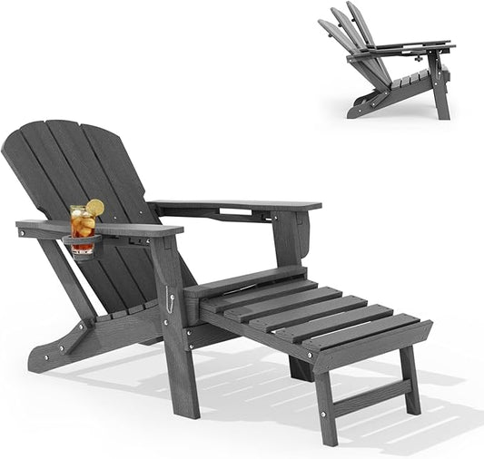 LOUNZY Folding Adjustable Adirondack Chair with Retractable Ottoman, HDPE Recliner Adirondack Chair with Cup Holder for Deck Lawn Fire Pit,Grey