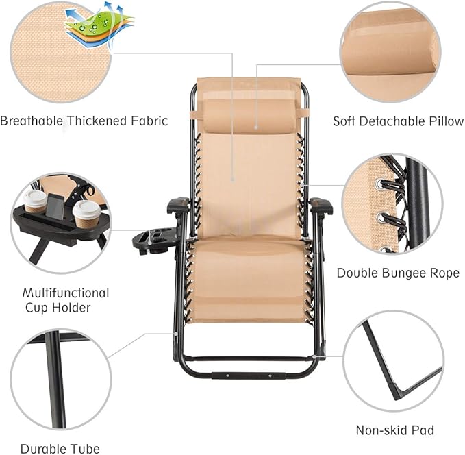Goplus Oversized Zero Gravity Chair, XL-Extended Version, Outdoor Recliner w/Cup Holder & Detachable Headrest - Photo 6