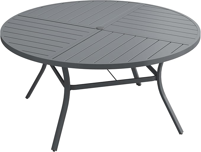 DIFY 50" Round Outdoor Patio Dining Table for 6, All-Weather Metal Steel Slatted Patio Table with 1.57" Adjustable Umbrella Hole, for Lawn Garden Porch Backyard, Grey