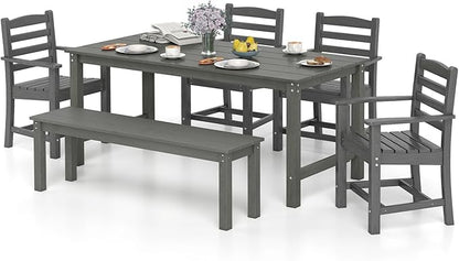 Tangkula 6 Pieces Patio Dining Bench Set, Outdoor HDPE Weather Resistant Table and Chairs Set with 1.77” Umbrella Hole and Wood-Like Surface, Outside Furniture Set for Garden, Backyard (Gray, 6 Pcs)