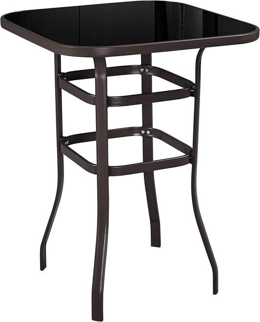 Yaheetech Patio Bar Table Tempered Glass, Height High Top Outdoor Pub Height Bistro Square Table for Paito Lawn Garden, Brown