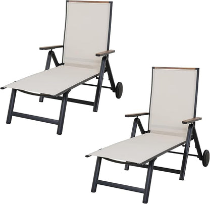 Grand patio Outdoor Chaise Lounge Chair Set of 2 with 6-Position Adjustable Sling Backrest, Aluminum Folding Portable Wood Grain Chair with Wheels for Beach, Backyard, Poolside, Lawn, White