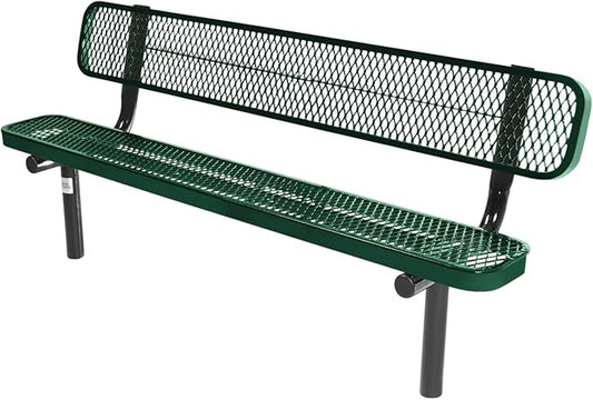 COATEDOUTDOORFURNITURE Coated Outdoor Furniture Heavy-Duty Outdoor Bench Thermoplastic Coated, Expanded Metal, Commercial-Grade Seating, Made in America (Inground with Back, 6 Ft, Textured Green)