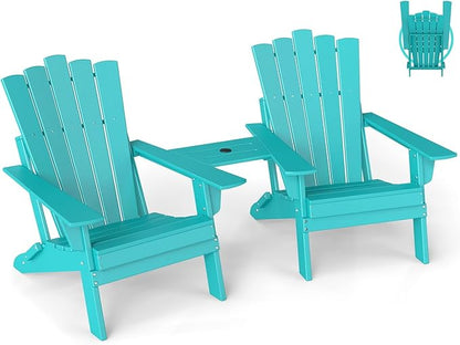 GREENVINES Folding-Adirondack-Chairs-Set-of-2 | HDPE Plastic | Throne Series | Fire Pit Chair | with Connecting Tray | Removable Table | All Weather | for Outdoor Patio Deck Poolside | Aqua