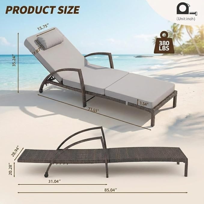 GarveeLife Outdoor Wicker Chaise Lounge Chair with Cushion, Metal Frame Patio Reclining Lounge Bed, All-Weather Rattan Sun Lounger for Poolside, Garden, Backyard & Balcony,Brown Wicker, Gray Cushion