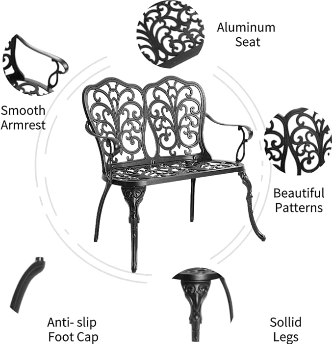 Patio Aluminum Outdoor Bench, Garden Metal Loveseat Furniture, Vintage Carving Antique Black Front Porch Chair Seat