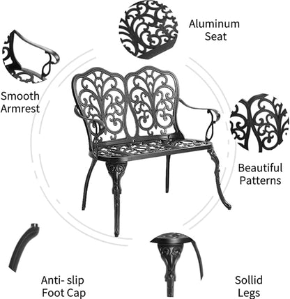 Patio Aluminum Outdoor Bench, Garden Metal Loveseat Furniture, Vintage Carving Antique Black Front Porch Chair Seat
