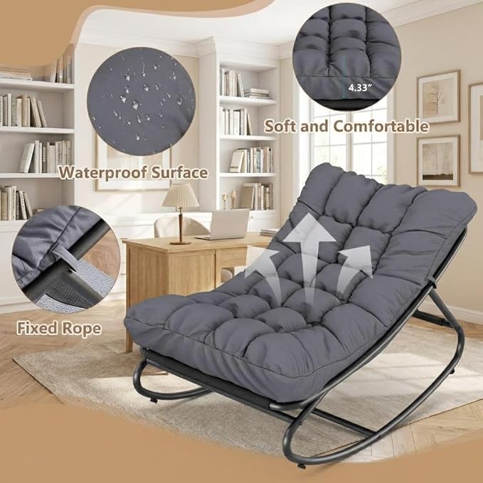 Outdoor Papasan Rocking Chair, Oversized Metal Frame Egg Rocker with Thick Waterproof Cushion, 450 lbs - Photo 5