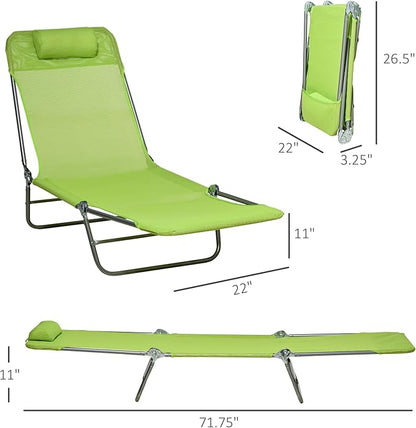 Outsunny 2 Piece Folding Chaise Lounge Chairs, Pool Sun Tanning Chairs with Reclining Back, Breathable Mesh Seat, Headrest for Beach, Yard, Patio, Green