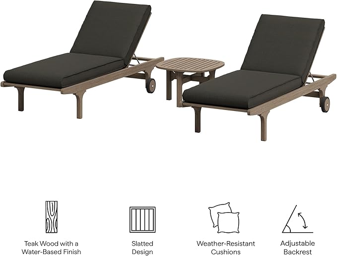 Modway Saratoga Teak Wood Set of 2 Chaise Lounge Chairs and Side Table in Flint Gray - 3-Piece Outdoor Furniture Set - Photo 2
