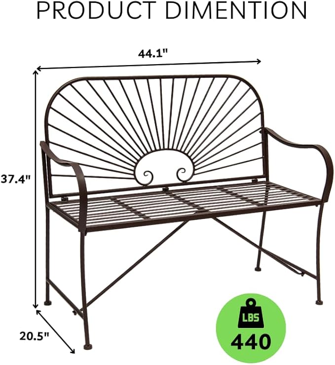 XBrand 44" L Iron Sun-Patterned Seat for Two, Patio & Porch Furniture for Park, Yard, Lawn, Balcony, Backyard – Brown - Photo 3