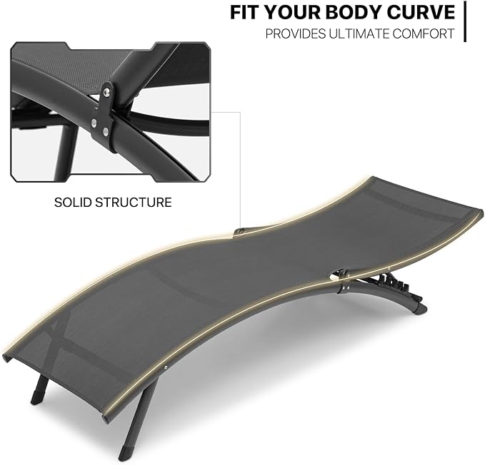 MoNiBloom Outdoor Chaise Lounge Set of 3, Black Aluminum Frame Adjustable Lounge Chairs with Folding Side Table, Breathable All Weather Wavy Sun Lounger for Reading and Sunbathing, 350 Lbs Capacity