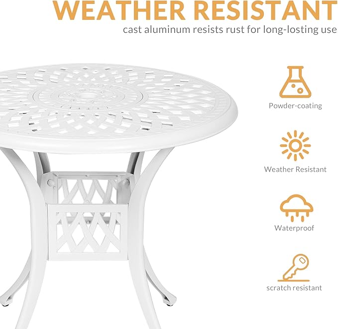 Outdoor Cast Aluminum Patio Table, 31” Round Bistro Table with 2” Umbrella Hole for Patio Furniture Garden Deck Backyard, White