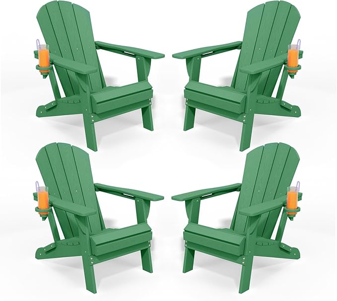 Folding Adirondack Chairs with Cup Holders, Set of 4 HDPE Plastic Outdoor Chairs, Weather Resistant, Real Wood Look - Photo 1