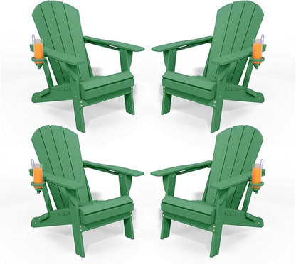 Folding Adirondack Chairs with Cup Holders, Set of 4 HDPE Plastic Outdoor Chairs, Weather Resistant, Real Wood Look, Heavy-Duty Patio Furniture for Deck, Fire Pit, Backyard, Leaf Green