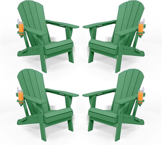 Folding Adirondack Chairs with Cup Holders, Set of 4 HDPE Plastic Outdoor Chairs, Weather Resistant, Real Wood Look, Heavy-Duty Patio Furniture for Deck, Fire Pit, Backyard, Leaf Green