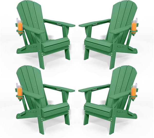 Folding Adirondack Chairs with Cup Holders, Set of 4 HDPE Plastic Outdoor Chairs, Weather Resistant, Real Wood Look - Photo 1