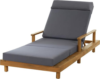 Christopher Knight Home Tuki Acacia Wood Chaise Lounge Chair Outdoor, Poolside Sun Lounger Recliner, Outdoor Chaise Lounge with 4-Fold Cushions, Adjustable Backrest Single Lounge Sofa, Dark Grey+Teak