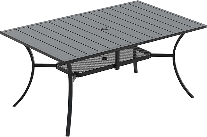 DIFY 59.2" Outdoor Patio Dining Table for 6, Metal Rectangular Steel Slat Patio Table with 1.57" Adjustable Umbrella Hole, Weather-Resistant for Garden Backyard Poolside Deck, Black
