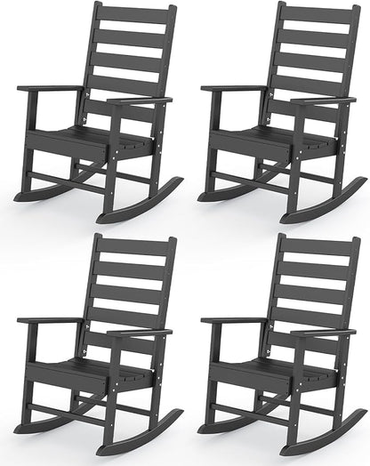 GREENVINES Outdoor-Rocking-Chairs-Set-of-4 | HDPE Plastic | Patio Rockers | Porch Rocker Chair | Shaker | Oversized | High Ladder Back | Big & Tall | PentaLuxe | Black
