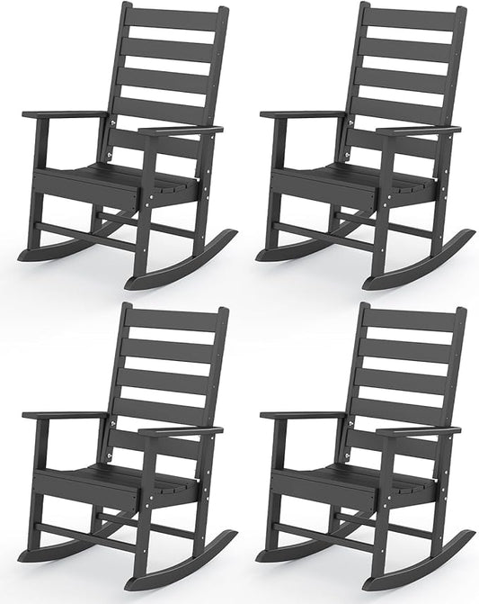 GREENVINES Outdoor-Rocking-Chairs-Set-of-4 | HDPE Plastic | Patio Rockers | Porch Rocker Chair | Shaker | Oversized | High Ladder Back | Big & Tall | PentaLuxe | Black