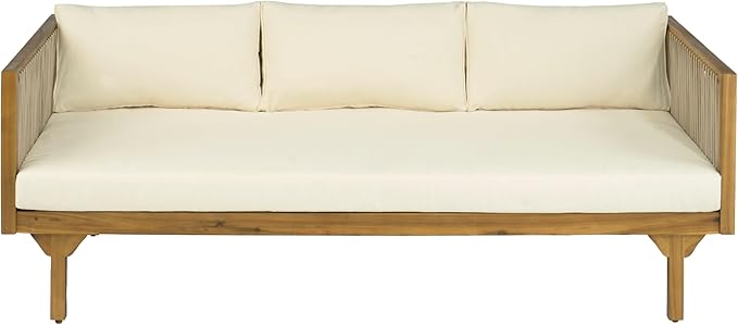 Merax Acacia Wood Outdoor Patio Loveseat Sofa w/Coushion and & Light Brown Rope, 3-Seater Sofa Daybed for Backyard, Lawn, Deck, Balcony, Water Repellent Fabric, 600 lbs Capacity, Teak +Beige