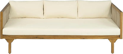 Merax Acacia Wood Outdoor Patio Loveseat Sofa w/Coushion and & Light Brown Rope, 3-Seater Sofa Daybed for Backyard, Lawn, Deck, Balcony, Water Repellent Fabric, 600 lbs Capacity, Teak +Beige